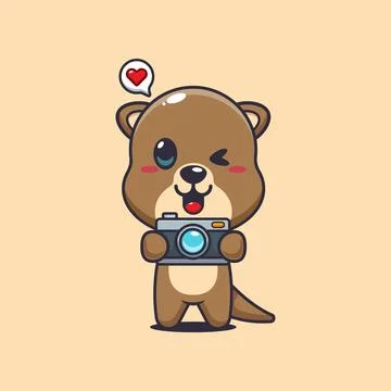 Otter cartoon vector illustration with camera Stock Illustration