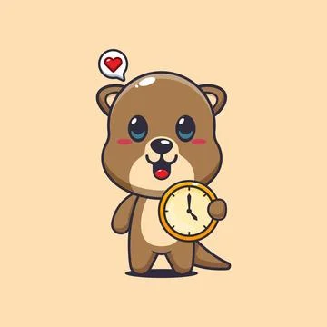 Otter cartoon vector illustration with clock Stock Illustration