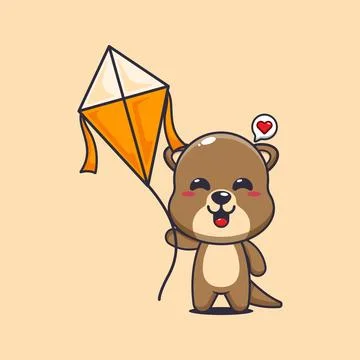 Otter cartoon vector illustration playing kite Stock Illustration