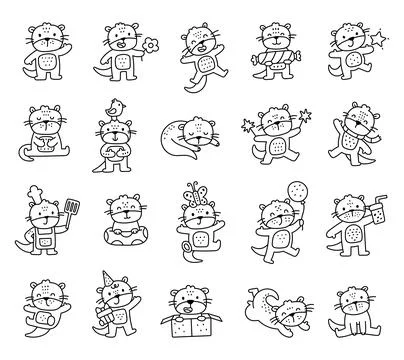 Otter character set in outline line art Stock Illustration
