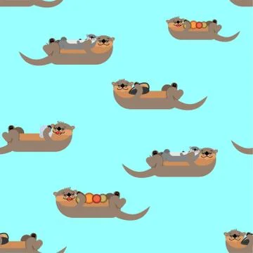 Otter pattern seamless. Sea otter swims background. Baby fabric ornament Stock Illustration