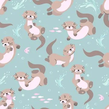 Otters seamless pattern. Cartoon otter characters and underwater elements. Sea Stock Illustration