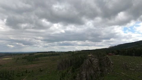 Ottofelsen rock formation under dramatic clouds Harz aerial Germany Stockbeeldmateriaal 341282864