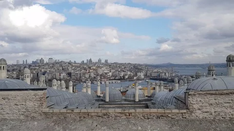 Ottoman domes in The Suleymaniye Mosque area - a panoramic view of Istanbul Stock Footage 129793448