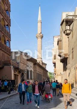 Ottoman era historic Soliman Agha El Silahdar complex and minaret, Moez Street Stock Photos