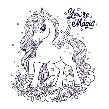 Ou are magic text. Beautiful unicorn Black and white linear drawing. Vector Stock Illustration