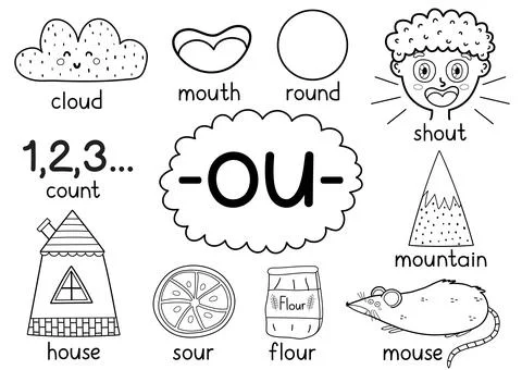 Ou digraph spelling rule black and white activity page for kids with words 스톡 일러스트