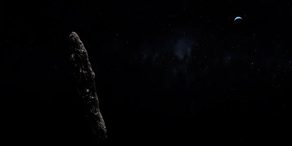 Oumuamua, interstellar object, orbiting in the outer psace with Neptune Illustration