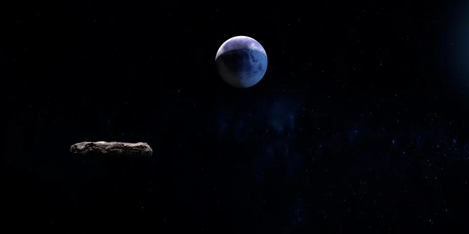 Oumuamua, interstellar object, orbiting in the outer space near a unknown planet Stock Illustration
