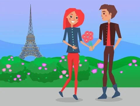 Ouple omantic date on the background of the Eiffel Tower. Love, Paris, France Stock Illustration