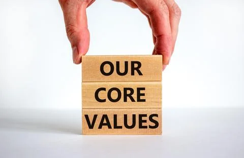 Our core values symbol. Concept words 'Our core values' on wooden blocks on a 스톡 사진