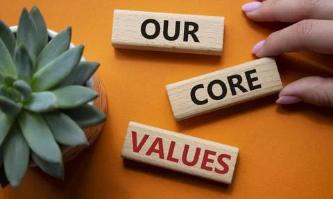 Our core values symbol. Concept words Our core values on wooden blocks. Bea.. Stock-Fotos