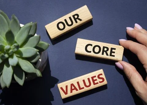 Our core values symbol. Concept words Our core values on wooden blocks. Bea.. Stock Photos