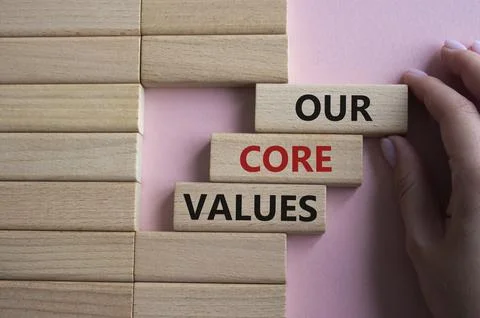 Our core values symbol. Concept words Our core values on wooden blocks. Bea.. Stockfoto's