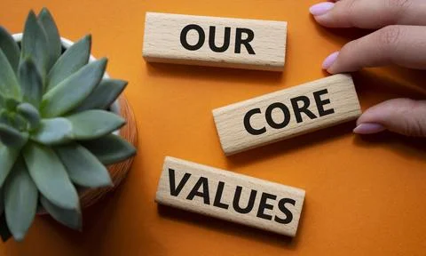Our core values symbol. Concept words Our core values on wooden blocks. Bea.. Stock Photos