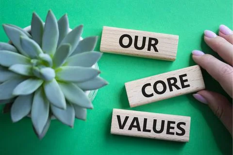 Our core values symbol. Concept words Our core values on wooden blocks. Bea.. Stock Photos