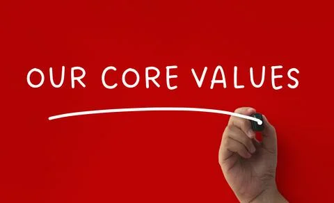 Our core values text written on red cover background. Business concept Foto stock