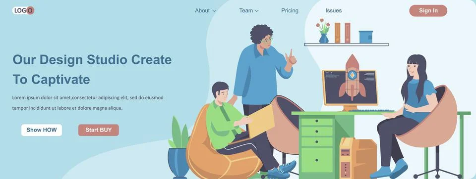 Our Design Studio Create To Captivate web banner concept. Design team working on 스톡 일러스트