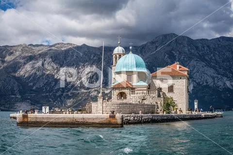 Our Lady on the Rocks Church in Kotor Bay Stock Photos