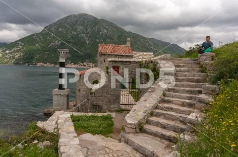 Our Lady of the Rocks Church view from Crkva Gospe od Andela. Crkva Gospe od Stock Photos