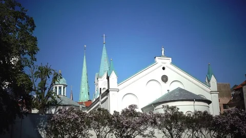 Our Lady of Sorrows Church is Roman Catholic church in Riga, capital of Latvia Stock Footage
