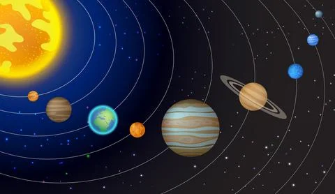 Our solar system, light starts, asteroid belt and universe on dark backgrou.. Illustrazione stock