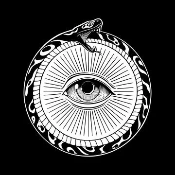 Ouroboros Snake Circle with All Seeing Eye Mystical Esoteric Emblem Illustrazione stock