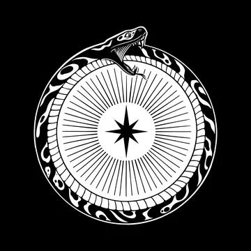 Ouroboros snake eating its tail with a central star and rays Stock Illustration