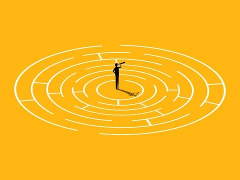 Out of the box problem solving. Businessman looking through binoculars in maz Illustrazione stock