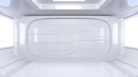 Out in the corridor. The doors open, and behind them a green background. Stock Footage 69099088