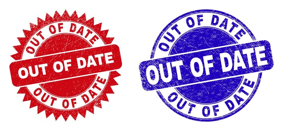 OUT OF DATE Round and Rosette Watermarks with Grunged Texture Illustrazione stock