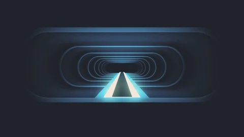 In out flight through neon blue rib lights energy cyber VR retro tunnel motion Stock Footage 88479451