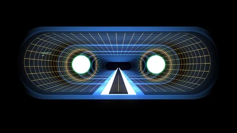 In out flight through VR BLUE neon YELLOW grid GREEN lights cyber tunnel HUD Stock Footage 88478172
