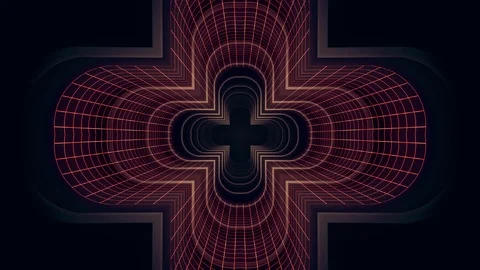 In out flight through VR cross neon RED grid GREEN lights cyber tunnel HUD Stock Footage 88488705