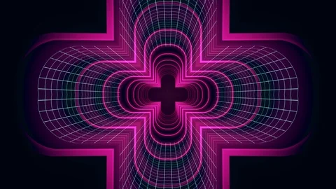 In out flight through VR cross neon BLUE grid YELLOW lights cyber tunnel HUD Video stock 88490160