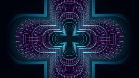 In out flight through VR cross neon PURPLE grid BLUE lights cyber tunnel HUD Video stock 88490837