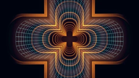 In out flight through VR cross neon BLUE grid GREEN lights cyber tunnel HUD Stock Footage 88491966