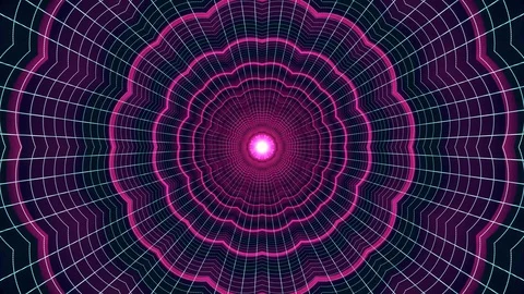 In out flight through VR flower neon BLUE grid YELLOW lights cyber tunnel HUD Stock Footage 88502945