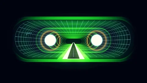 In out flight through VR GREEN neon BLUE grid YELLOW lights cyber tunnel HUD Stock-Footage 88478948