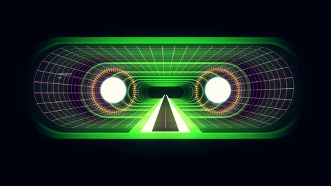 In out flight through VR GREEN neon PURPLE grid BLUE lights cyber tunnel HUD Stock Footage 88479107