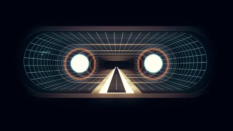 In out flight through VR neon grid YELLOW lights GET READY words cyber tunnel Video stock 88480631