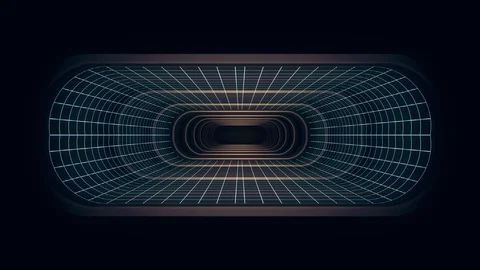 In out flight through VR neon BLUE grid PURPLE lights cyber tunnel HUD interface Stock Footage 88494462