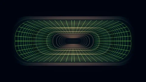 In out flight through VR neon GREEN grid YELLOW lights cyber tunnel HUD Video stock 88497287