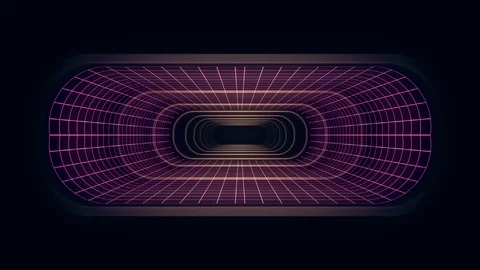 In out flight through VR neon PURPLE grid BLUE lights cyber tunnel HUD interface Stock Footage 88498690