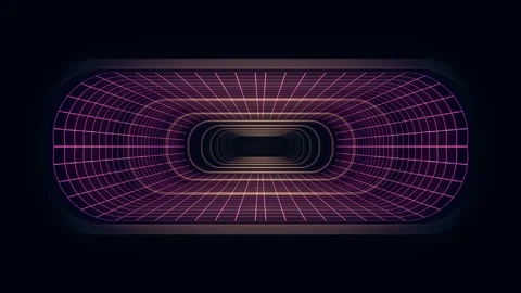 In out flight through VR neon PURPLE grid YELLOW lights cyber tunnel HUD Video stock 88499066