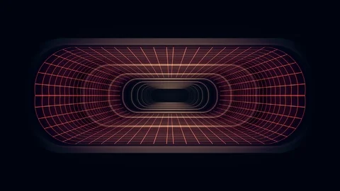 In out flight through VR neon RED grid BLUE lights cyber tunnel HUD interface Stock Footage 88499887