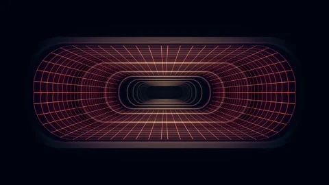 In out flight through VR neon RED grid RED lights cyber tunnel HUD interface Stock Footage 88500336