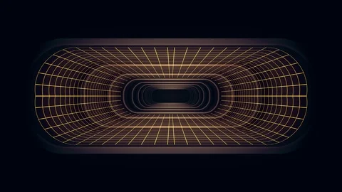 In out flight through VR neon YELLOW grid PURPLE lights cyber tunnel HUD Video stock 88501067