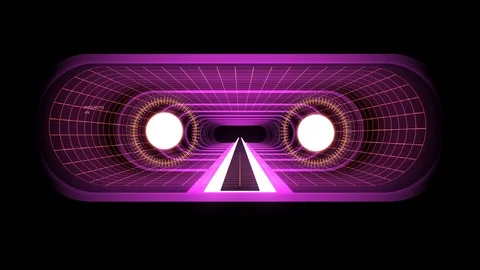 In out flight through VR PURPLE neon RED grid RED lights cyber tunnel HUD Stock Footage 88475715