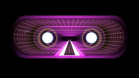 In out flight through VR PURPLE neon YELLOW grid BLUE lights cyber tunnel HUD Stock Footage 88476740